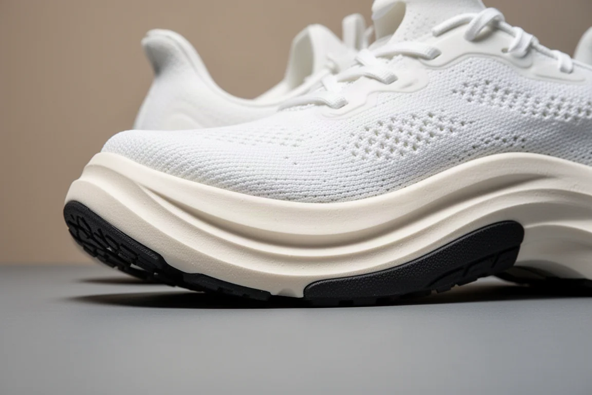 Close-up of the rocker curve and outsole coverage of a running shoe midsole