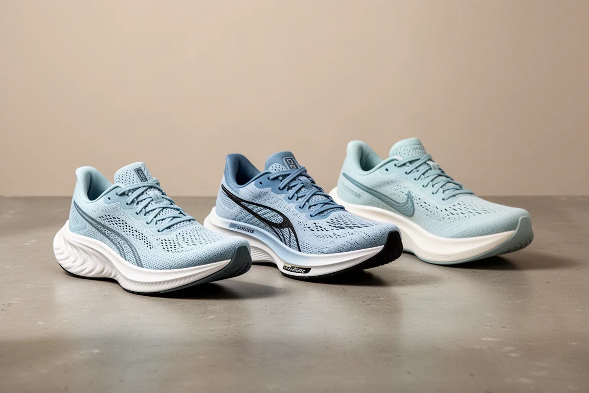 Tre scarpe da running On allineate su una superficie di cemento, tra cui una scarpa da gara in carbonio azzurra