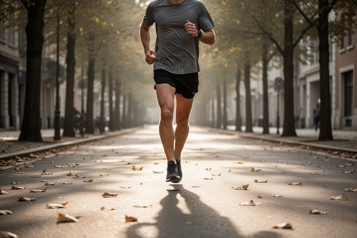 Löpare som joggar i avslappnad takt på en trädplanterad stadsgata