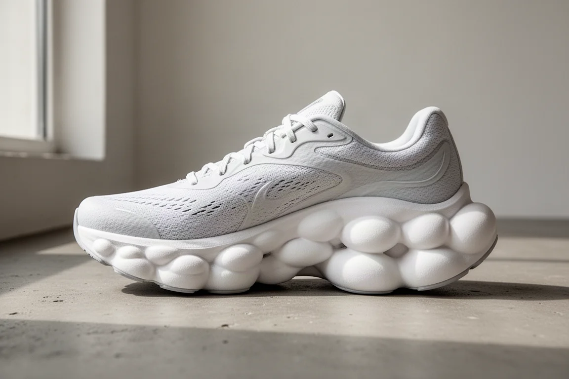 Max-cushion running shoe midsole with oversized sculpted foam pods on concrete