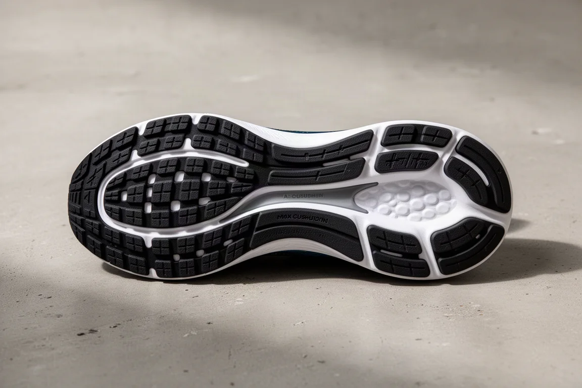 Running shoe outsole showing broad rubber coverage on forefoot
