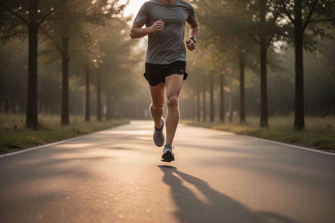 Runner jogging at an easy relaxed pace on a quiet paved path in soft light