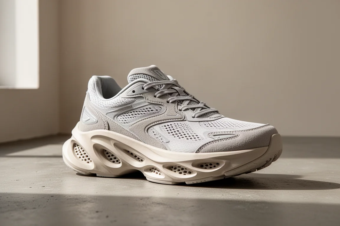 Runner lacing up a chunky white max-cushion running shoe on a sunlit sidewalk