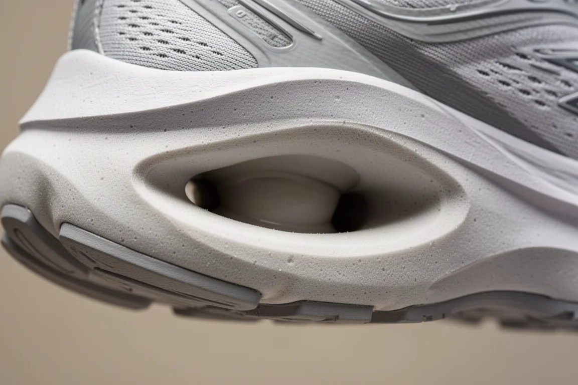 Close-up of a thick layered foam midsole compressing as a shoe lands on pavement