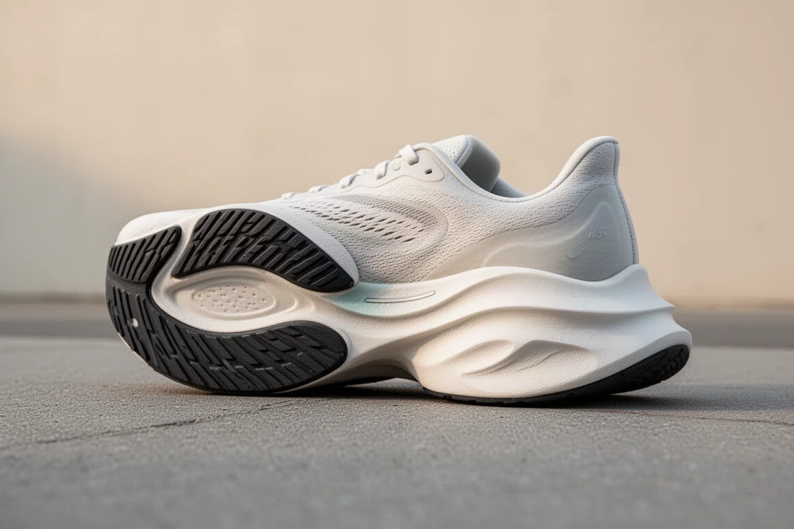 Outsole of a running shoe with thin rubber pads held against soft light