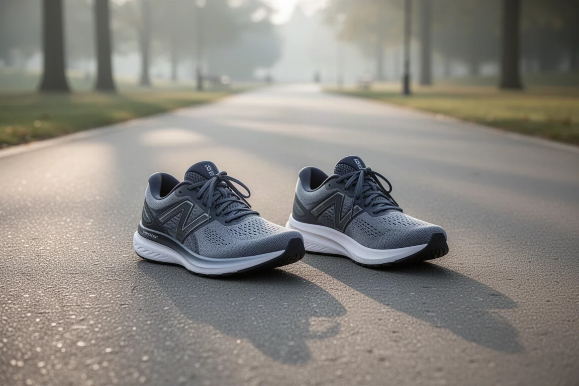 Two running shoes side by side on tarmac in soft morning light