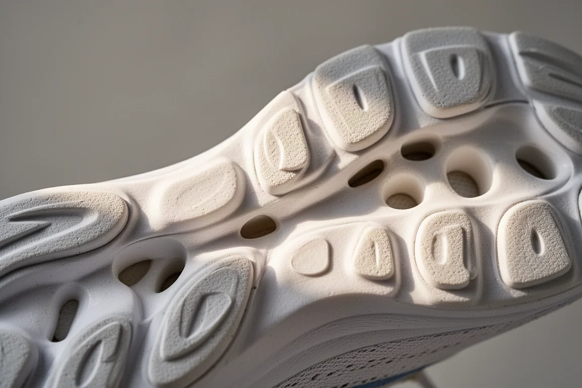 Close-up of a segmented cushioned midsole on a running shoe