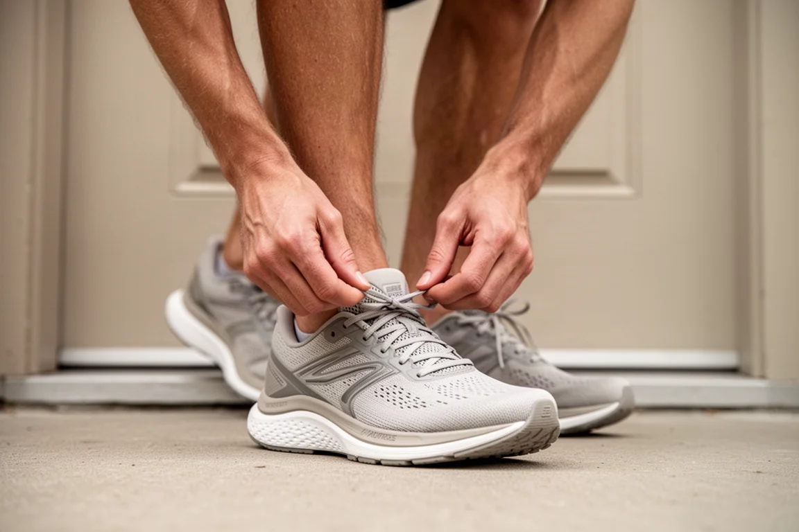 Runner tying laces on a running shoe on a doorstep