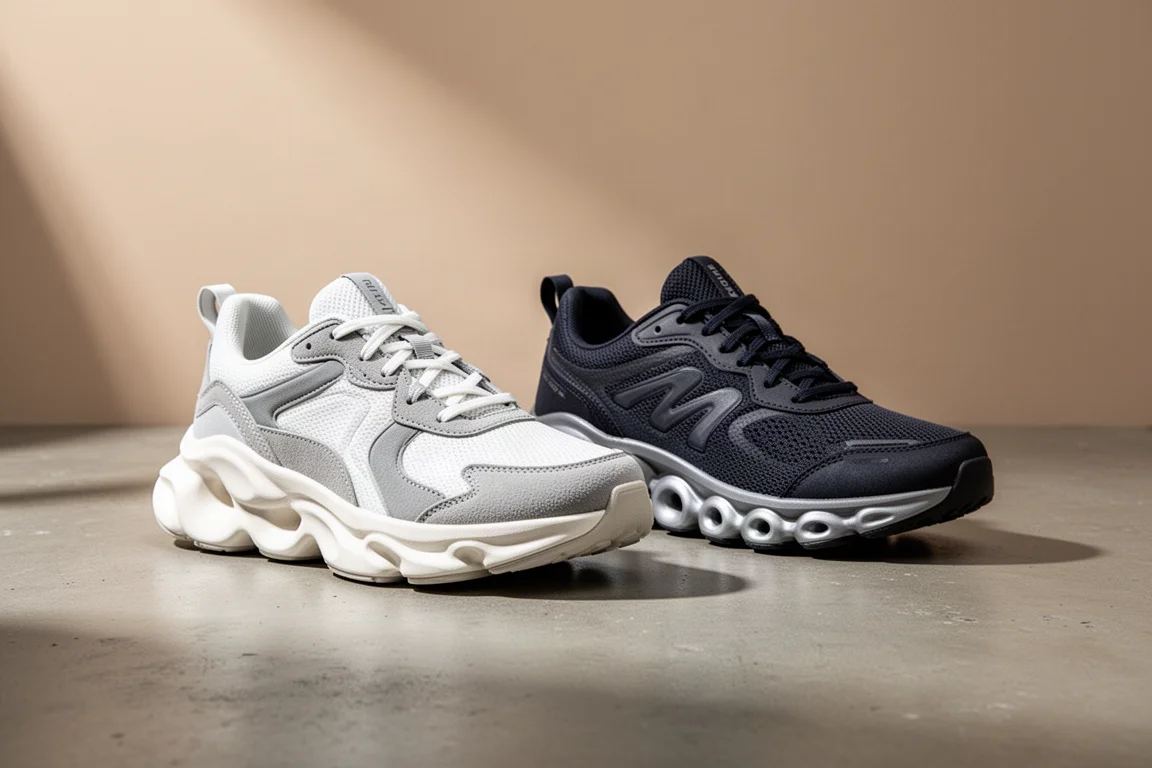 On Cloud Eclipse and New Balance 1080 v13 running shoes side by side on concrete