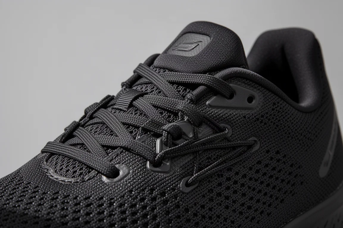 Close-up of a black running shoe upper with laces and padded collar