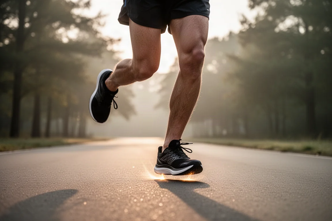 Runner's legs on a paved path in early morning light