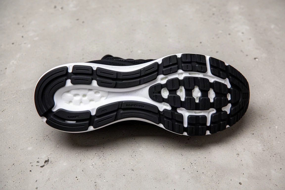 Outsole of a running shoe showing rubber coverage and exposed foam