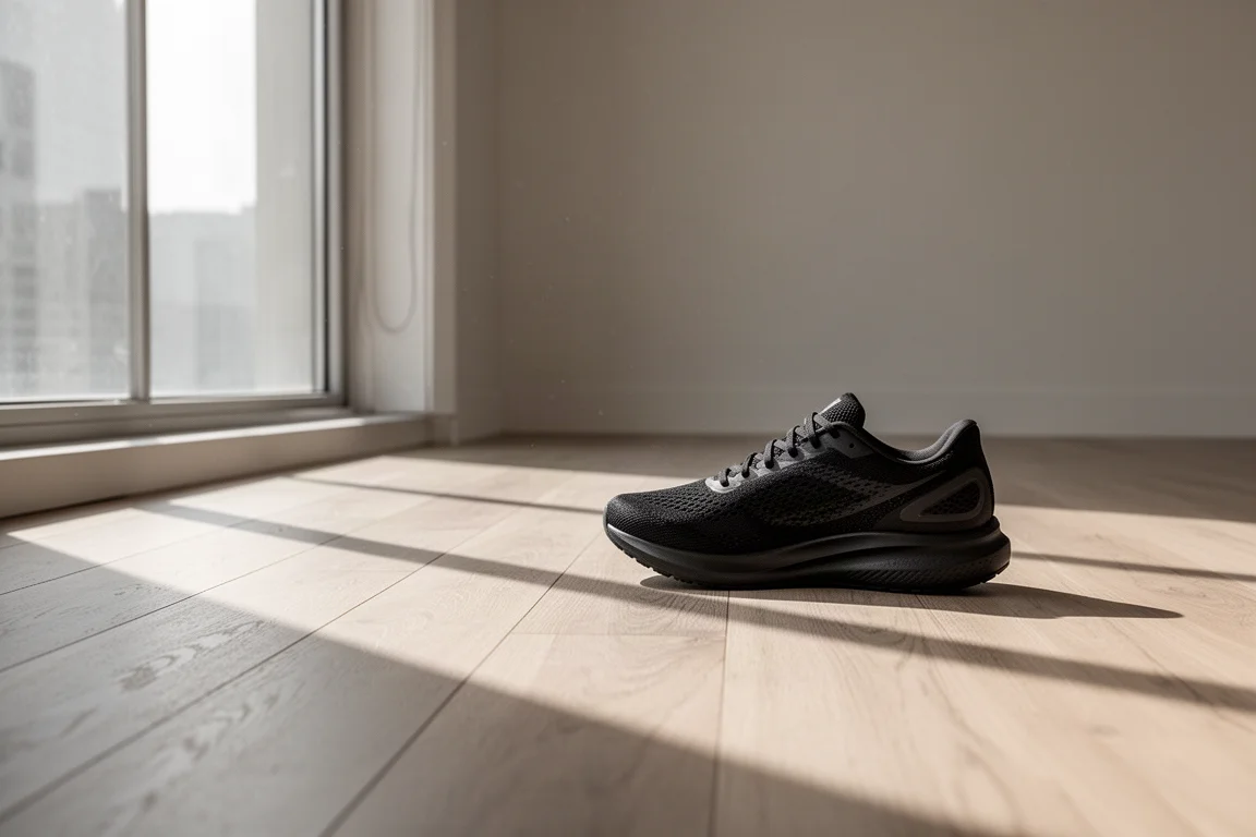 Single running shoe placed on a wooden floor beside a window