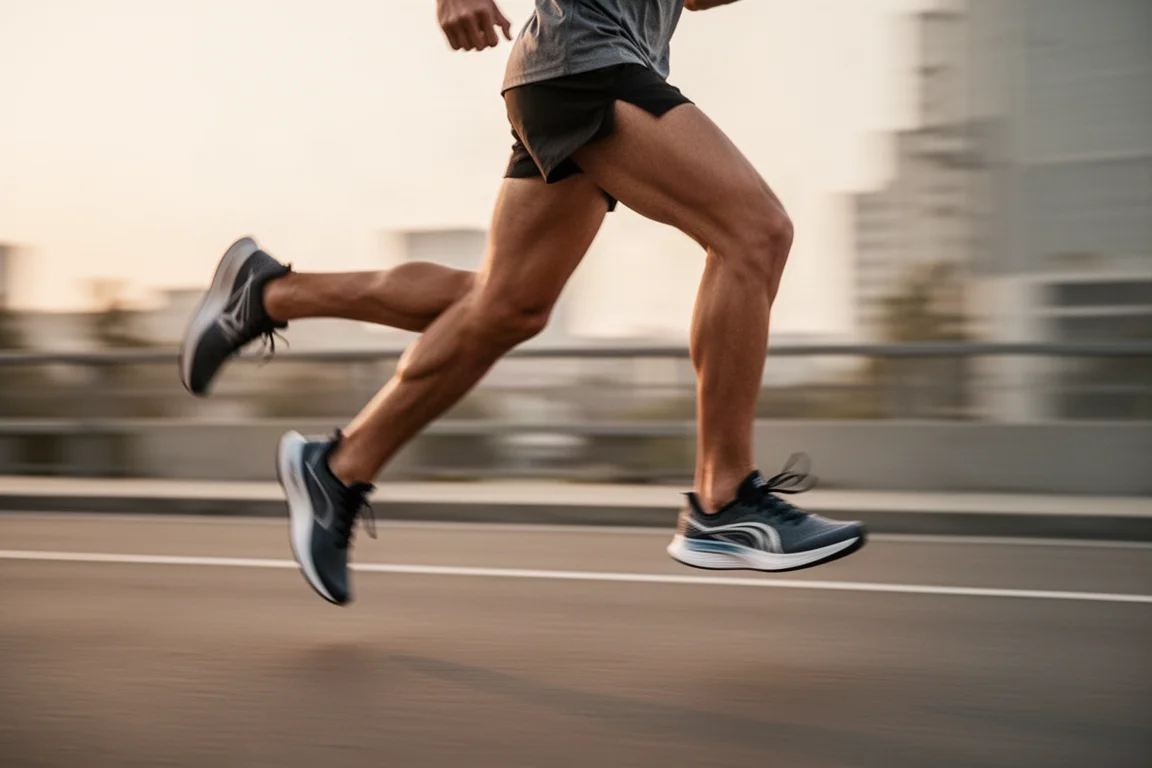 Sportowiec zwiększający tempo na miejskiej ścieżce w lekkim codziennym trenerze