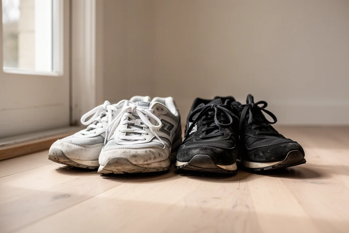 Dwa buty do biegania stojące obok siebie na drewnianej podłodze po treningu