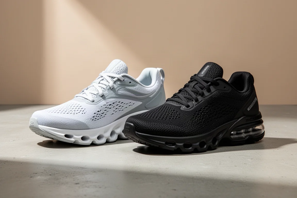Two daily trainer running shoes side by side on a light concrete surface