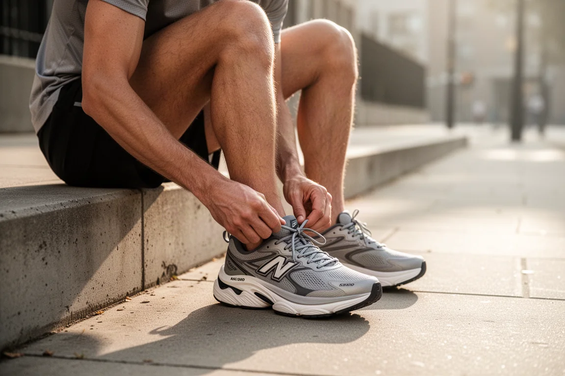 Runner lacing up a chunky cushioned running shoe on a city sidewalk