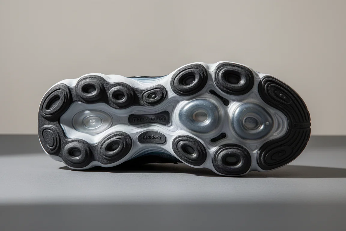 Close-up of sculpted cushion pods on the sole of a running shoe