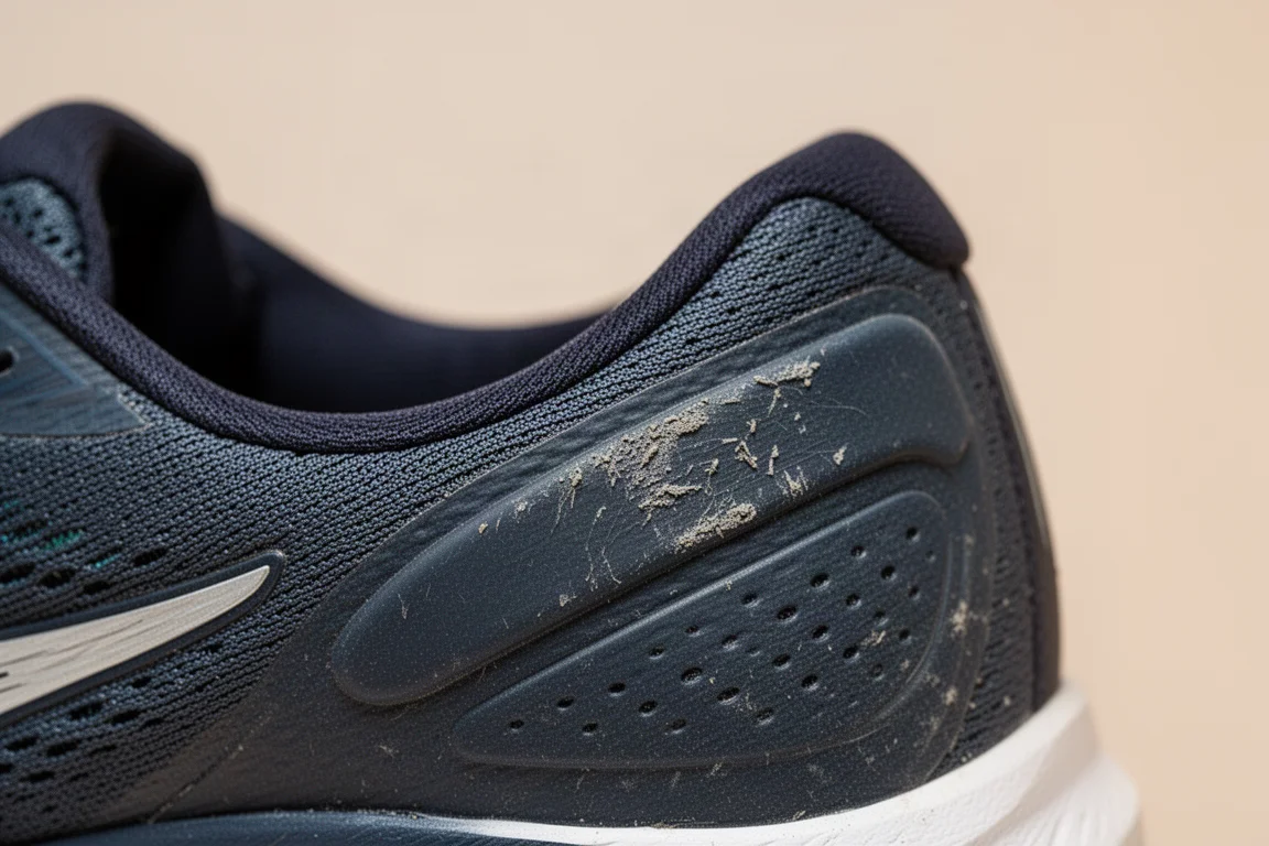 Worn rubber on the heel of a running shoe showing scuff marks