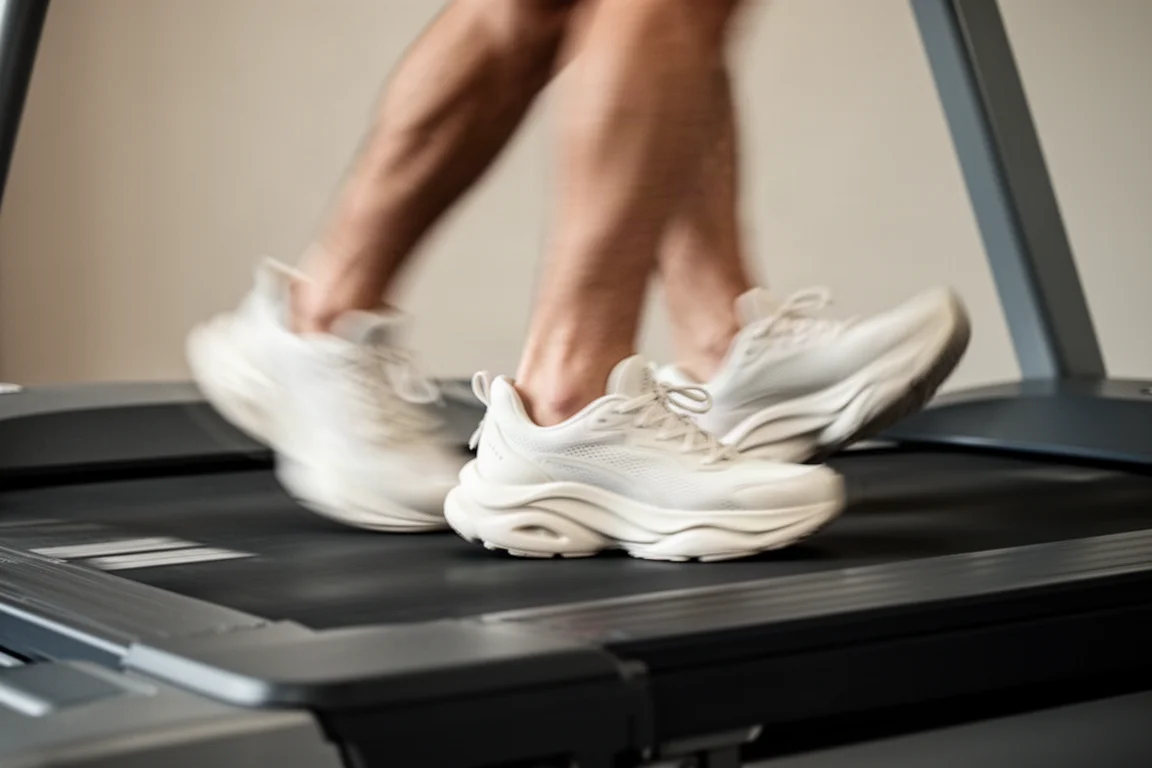 Runner on a treadmill in a gym wearing cushioned running shoes