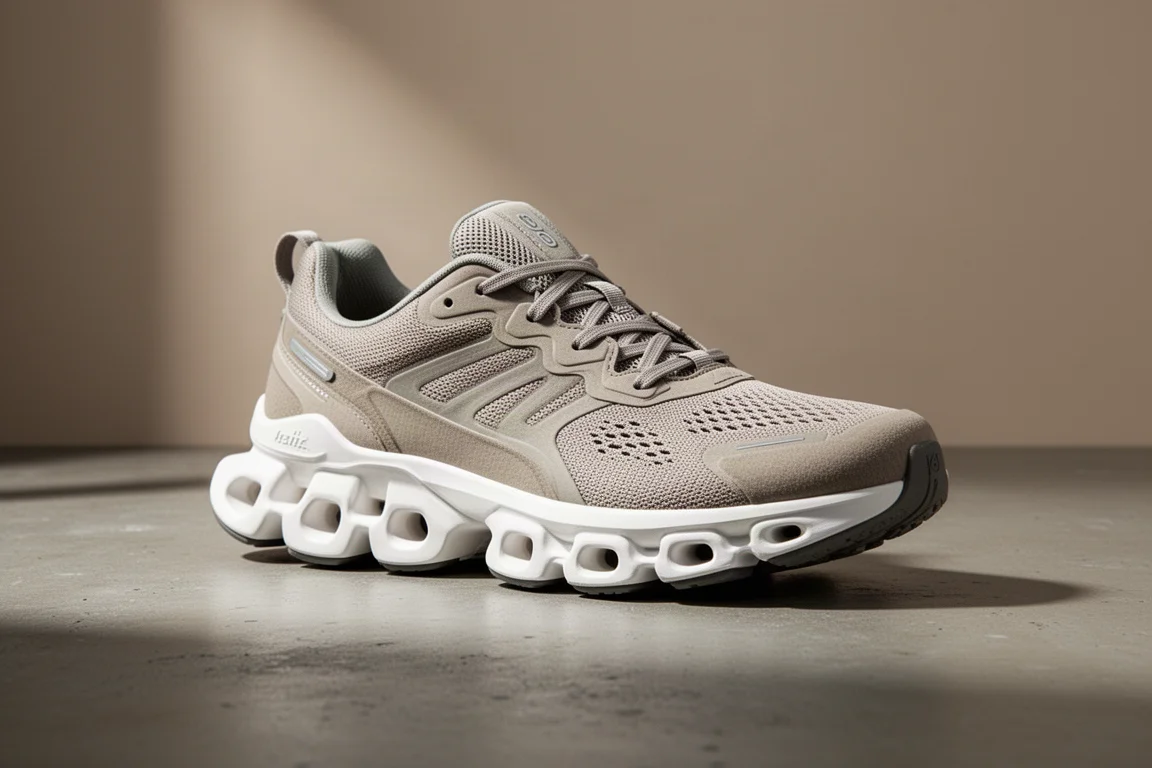 Chunky white max-cushion running shoe on a matte concrete surface