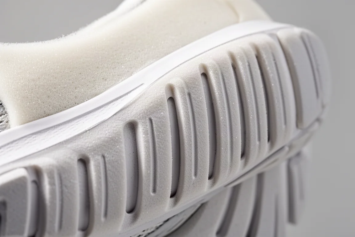 Close-up of a running shoe midsole with deep flex grooves and no CloudTec holes