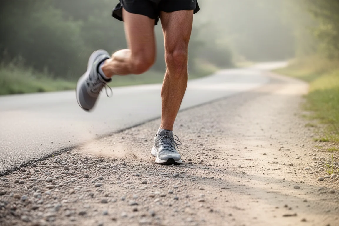 Runner on smooth mixed road and light trail terrain in soft daylight