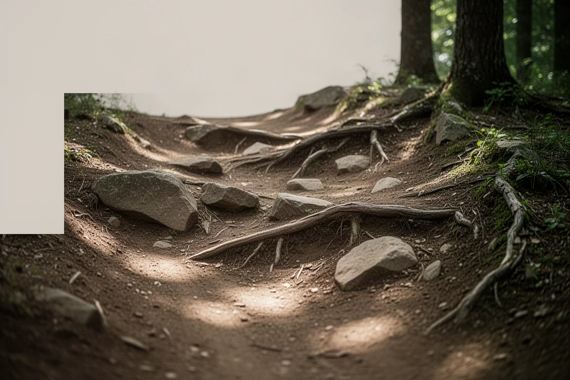 Technical rocky trail section with roots and uneven ground