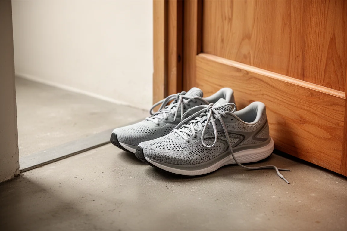 Running shoes resting by a doorway as an everyday casual pair