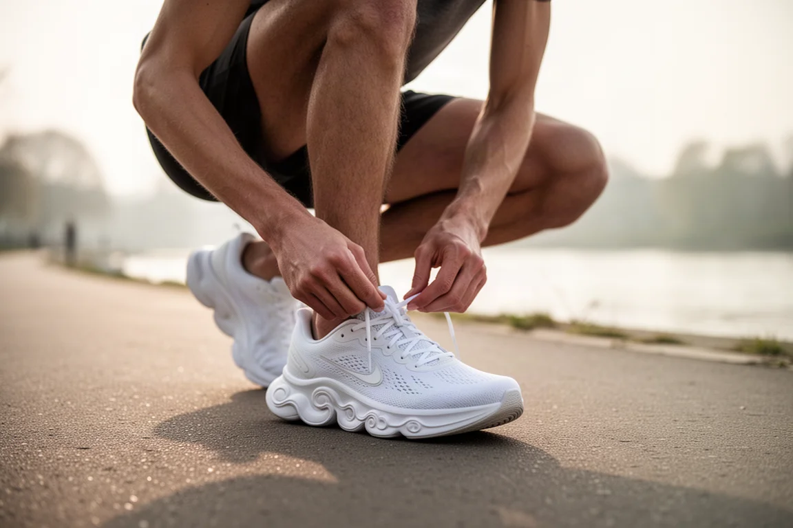 Läufer schnürt die Schnürsenkel eines gedämpften Laufschuhs vor einem lockeren Lauf