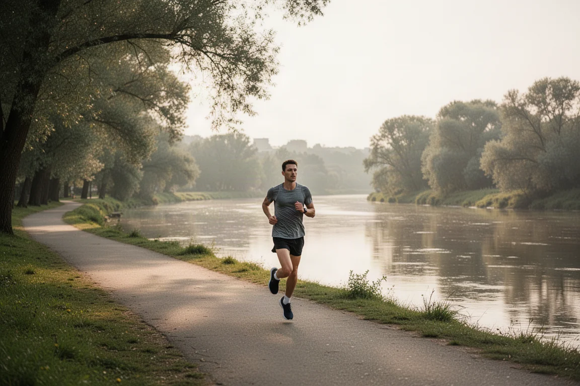 Läufer joggt langsam einen stillen Flussweg entlang im sanften Abendlicht