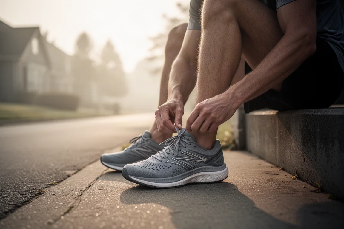 Un corridore allaccia una scarpa da running su una porta d'ingresso alla luce del mattino