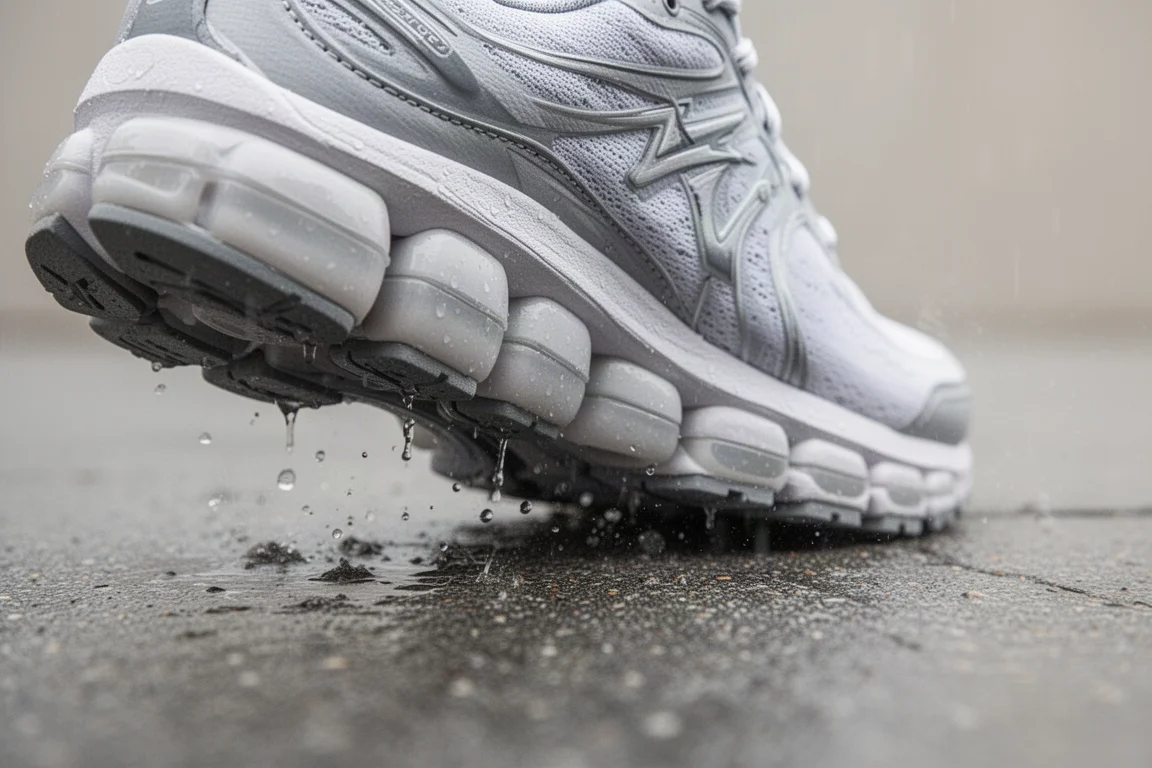 Primo piano della struttura ammortizzante a midsole segmentata su pavimento bagnato