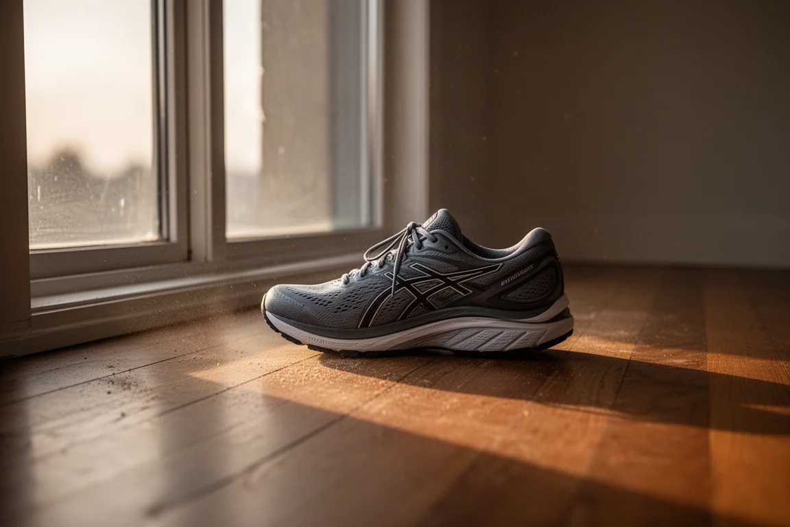 Scarpa da running appoggiata su un pavimento in legno accanto a una finestra con luce serale