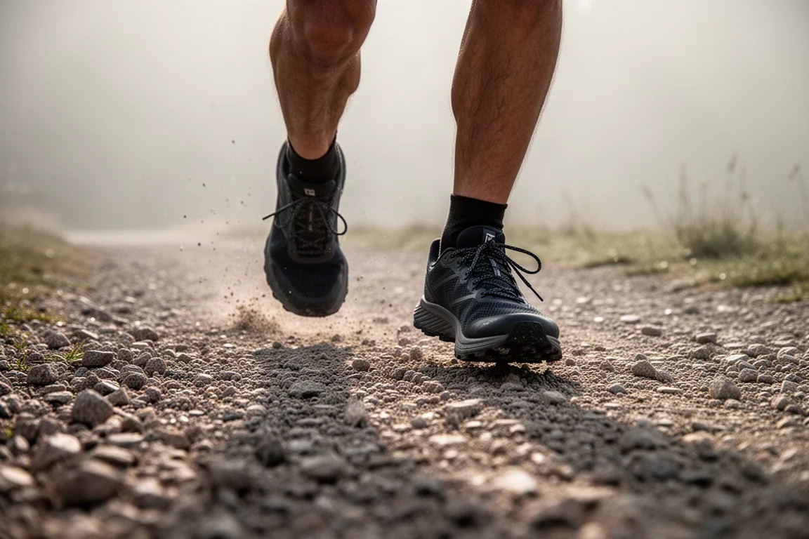 Füße eines Trailrunners auf einem Kiesweg im sanften Morgenlicht