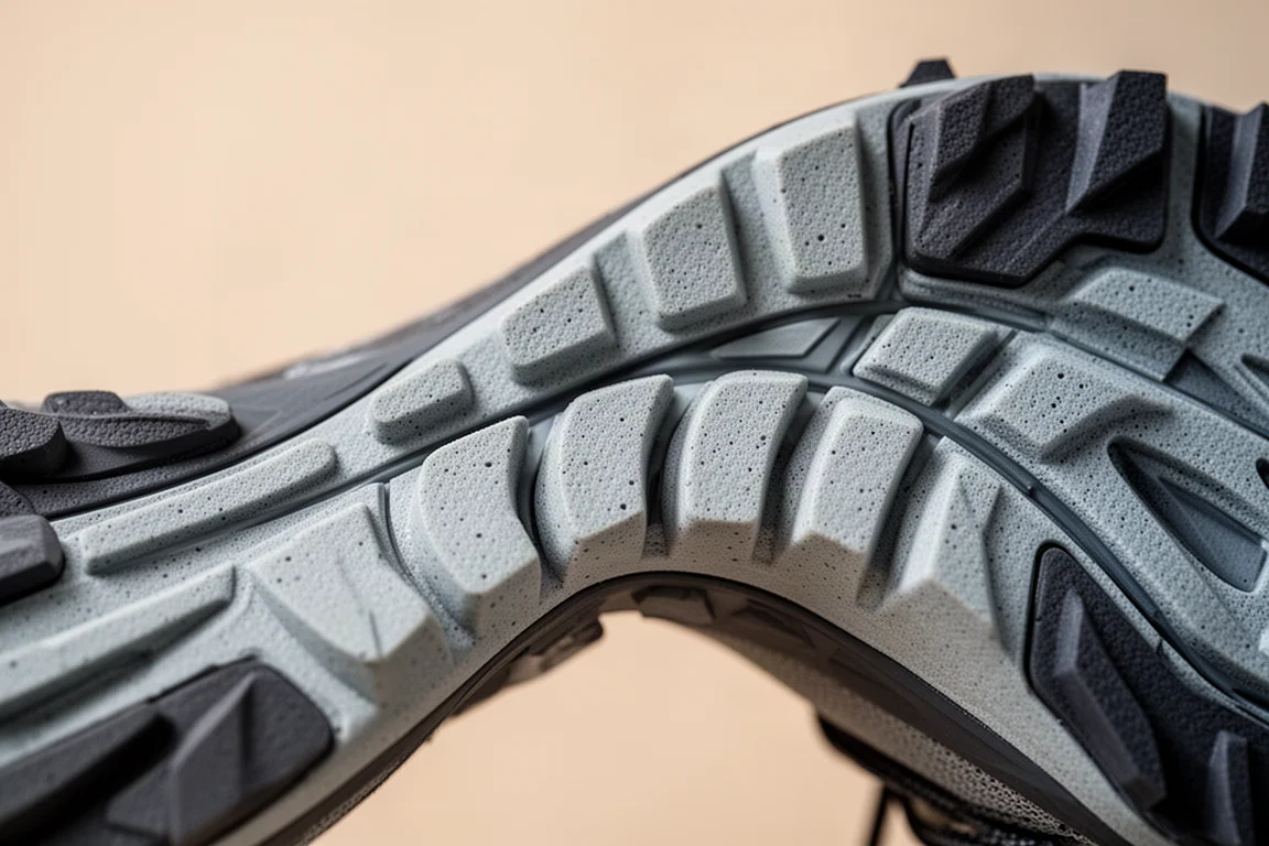 Nahaufnahme einer flexiblen, segmentierten Trail-Schuhsohle, die sich unter dem Fuß biegt