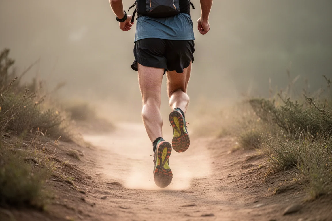 Trailrunner in schneller, leichter Schrittfrequenz auf einem staubigen Singletrail