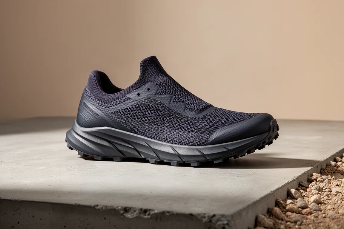Dunkler, niedriger On-Trailschuh mit segmentierter flexibler Mittelsohle auf Betonoberfläche