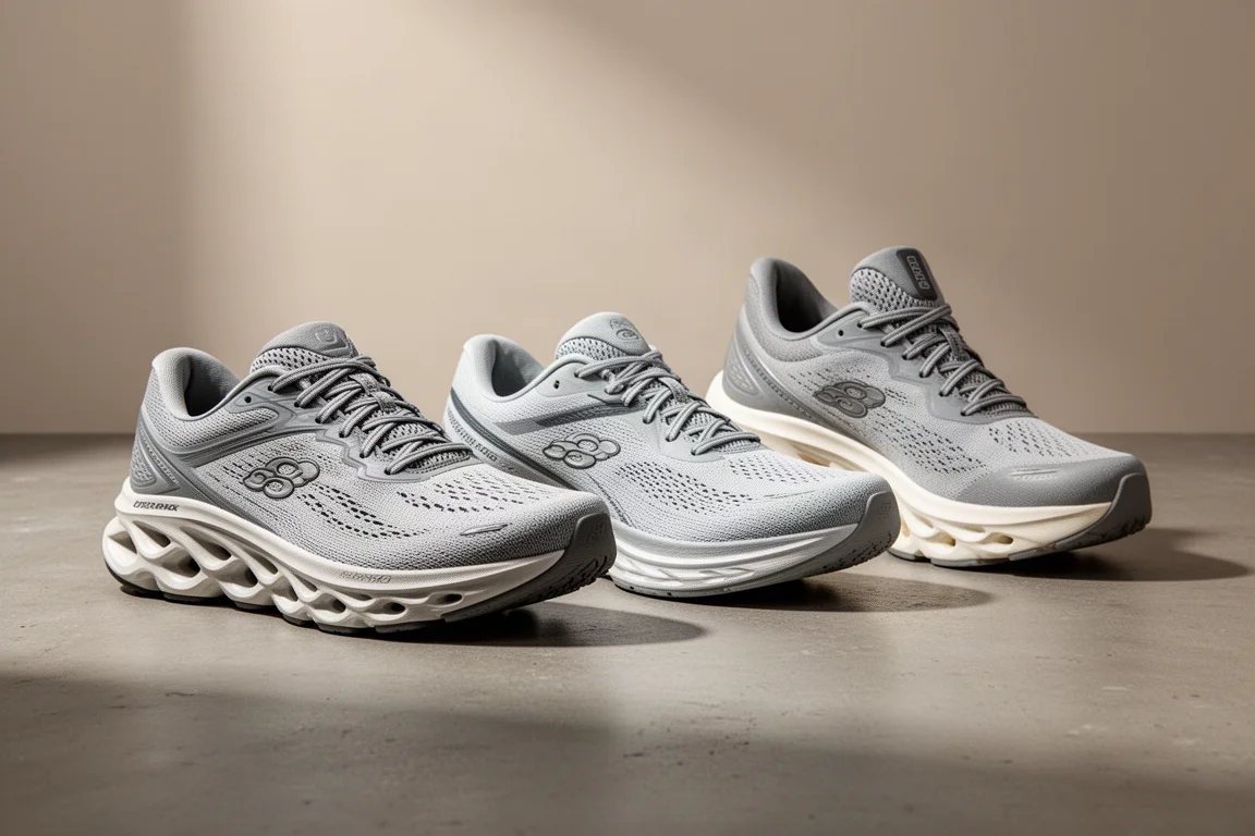 Drei On Cloud Surfer Laufschuhe in einer Reihe auf einer Betonoberfläche