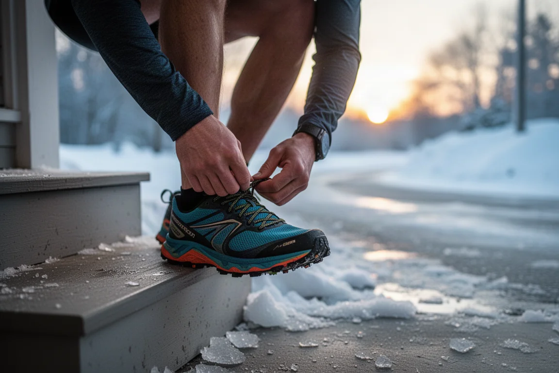 Zapatilla de trail atándose en una mañana fría con pavimento helado en el exterior