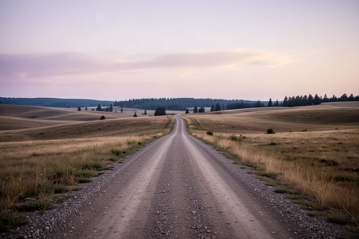 Largo camino de grava serpenteando por campo abierto al atardecer