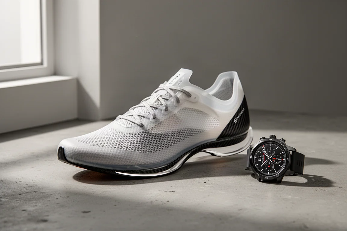 On Cloudboom Echo 3 racing shoe beside a running watch on concrete