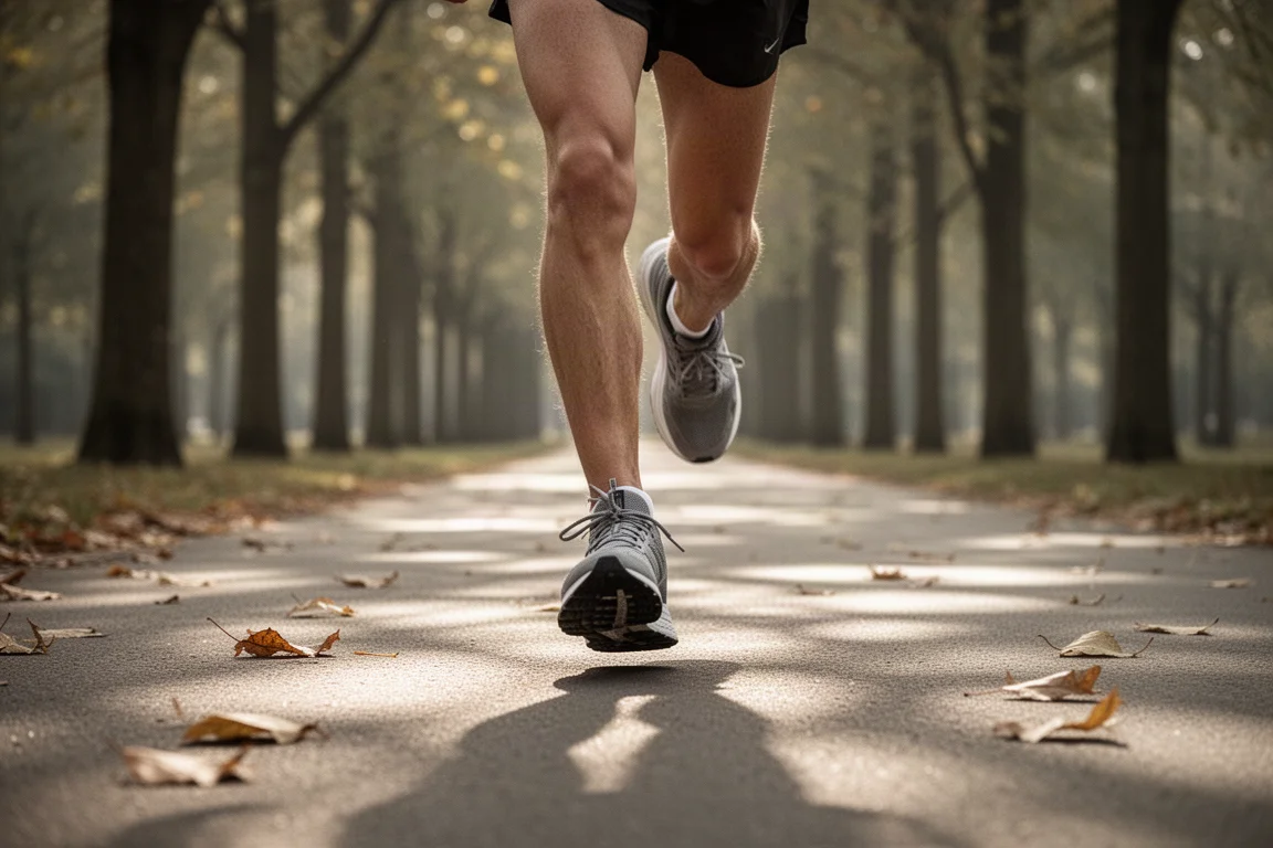 Löpare som joggar i lugnt återhämtningstempo på en trädbevuxen stig
