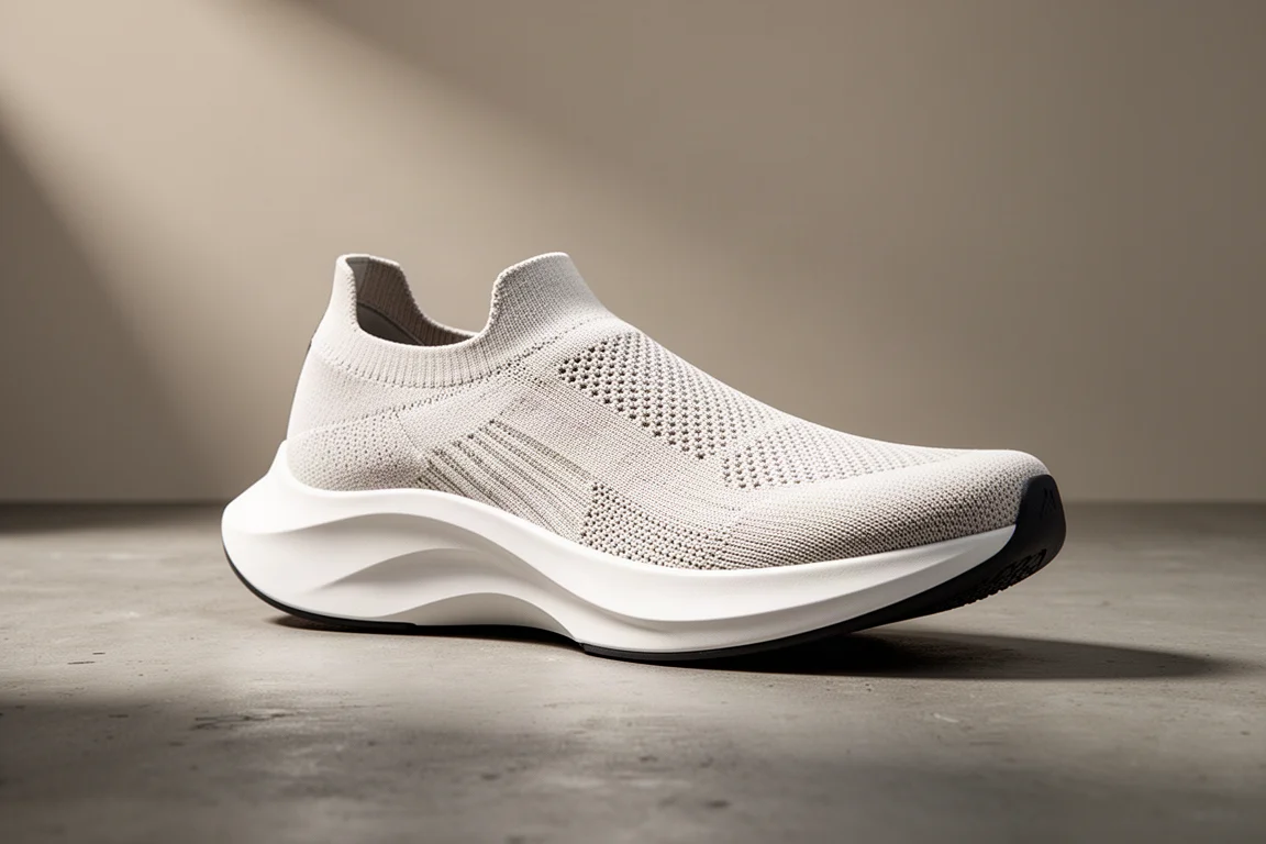 Carbon-plated road running shoe with thick white foam midsole on a grey backdrop