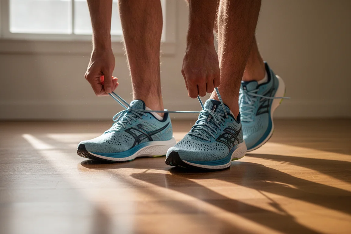 Läufer schnürt leichte Rennschuhe auf einem Holzboden