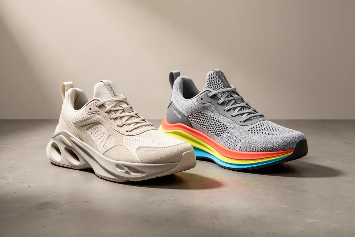 Two carbon plate racing shoes side by side on a concrete surface