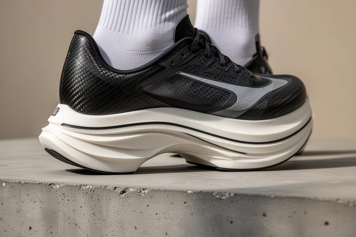 Primo piano della intersuola di una scarpa da gara in carbonio con strati di schiuma e forma a bilanciere