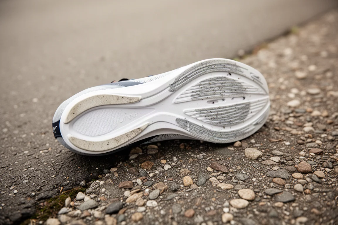 Suola di una scarpa da corsa su strada appoggiata su un sentiero di ghiaia e asfalto che mostra l'usura