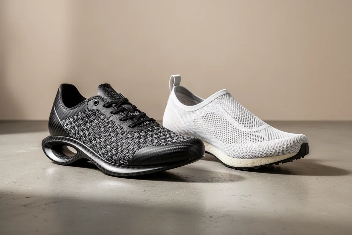 Two carbon road racing shoes side by side on a matte concrete surface