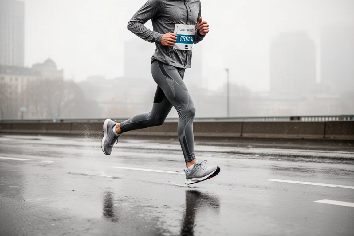Marathon runner cruising along a wet city road at an even pace